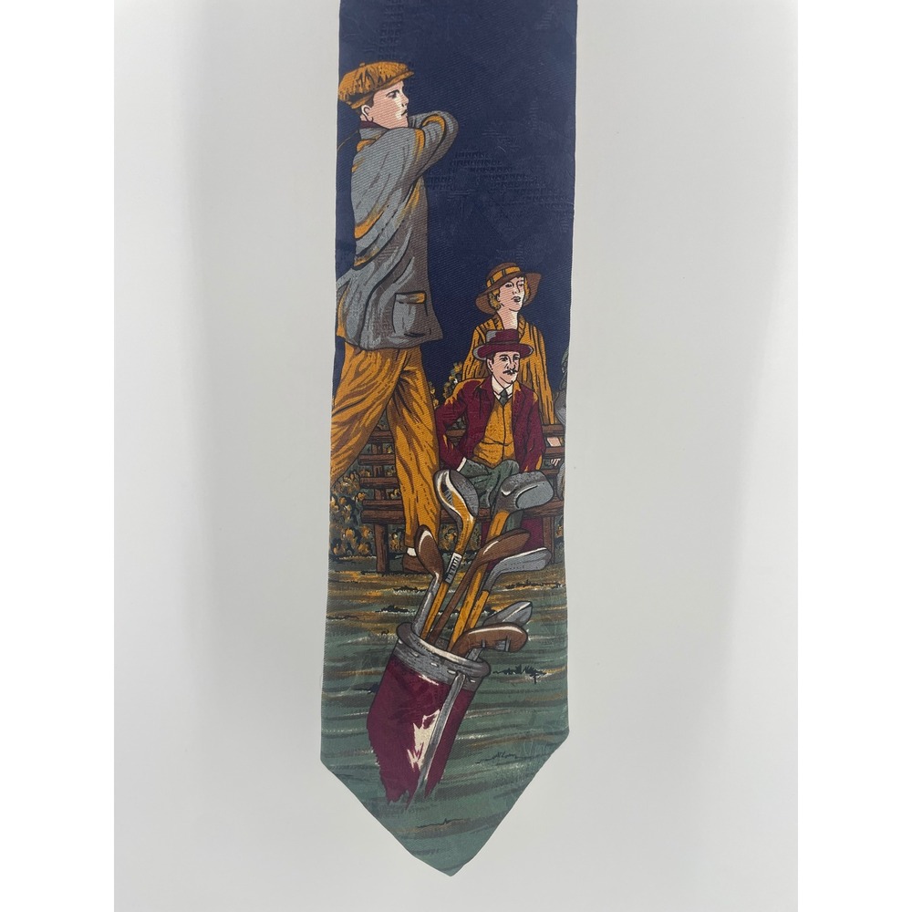Huntington Golf Scene 100% Silk Tie Mens Navy Blue Vintage Sports Handmade USA